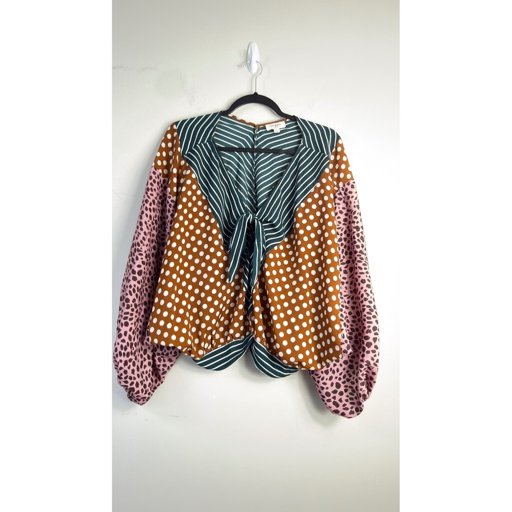 Umgee Size S Mixed Print Top Blouse Leopard Poka Dot Stripes Tie Front Boho